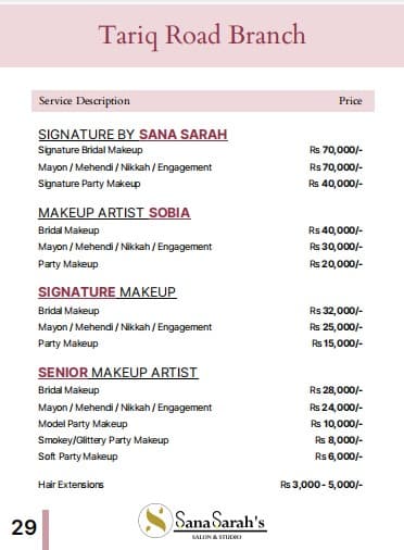 Rate list — Tariq Road